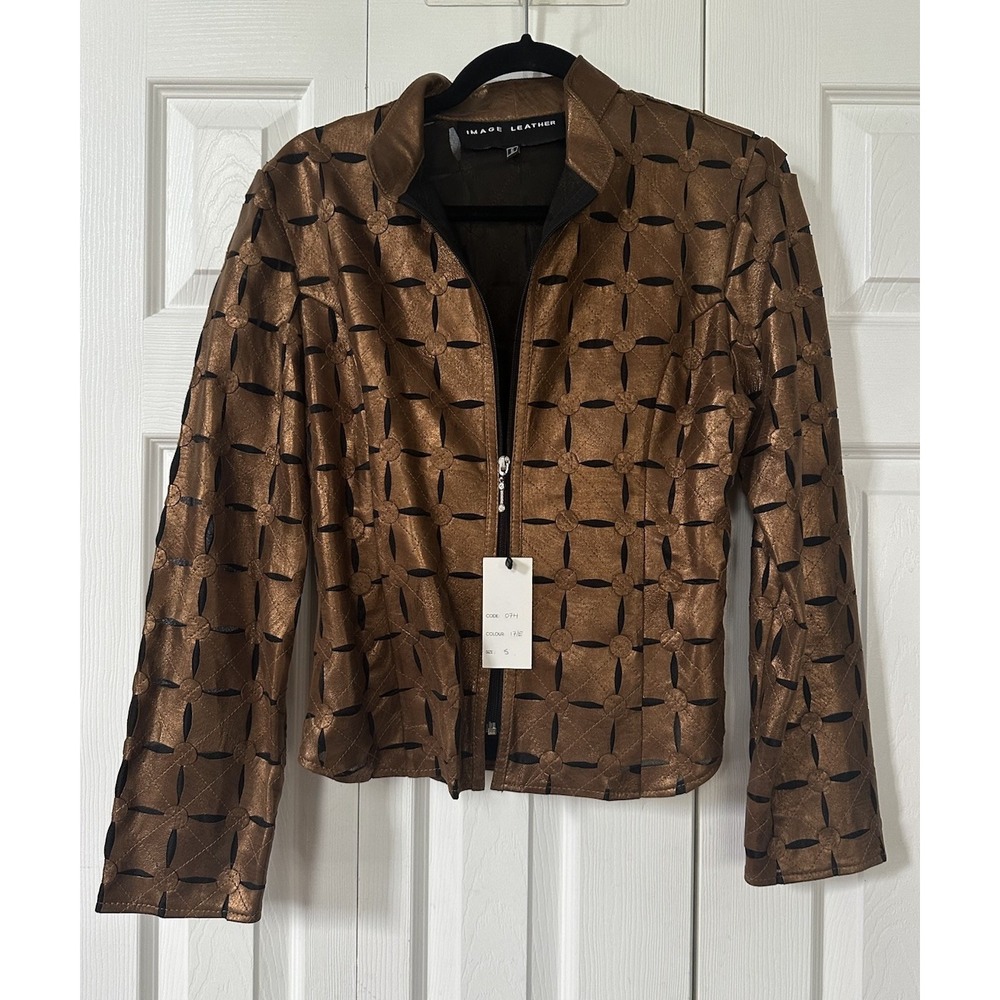 NWT Image Leather Women's Shiny Brown Laser Cut Leather Mesh Zip Up Jacket S